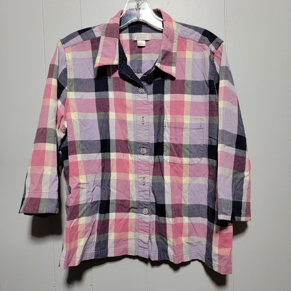 Christopher & Banks Tops - Vintage Christopher‎ & Banks XL Plaid Button Up Shirt 3/4 Sleeve Pink Cotton